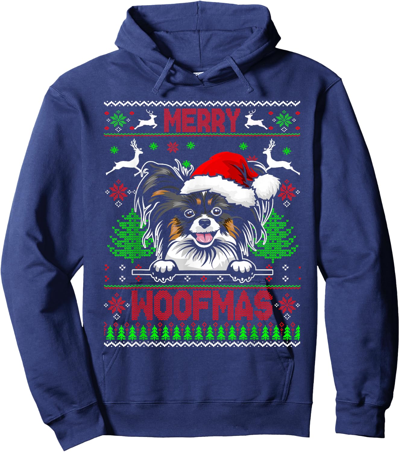 Merry Woofmas Christmas Santa Papillon Sweater Hoodie - Hoodie | Navy