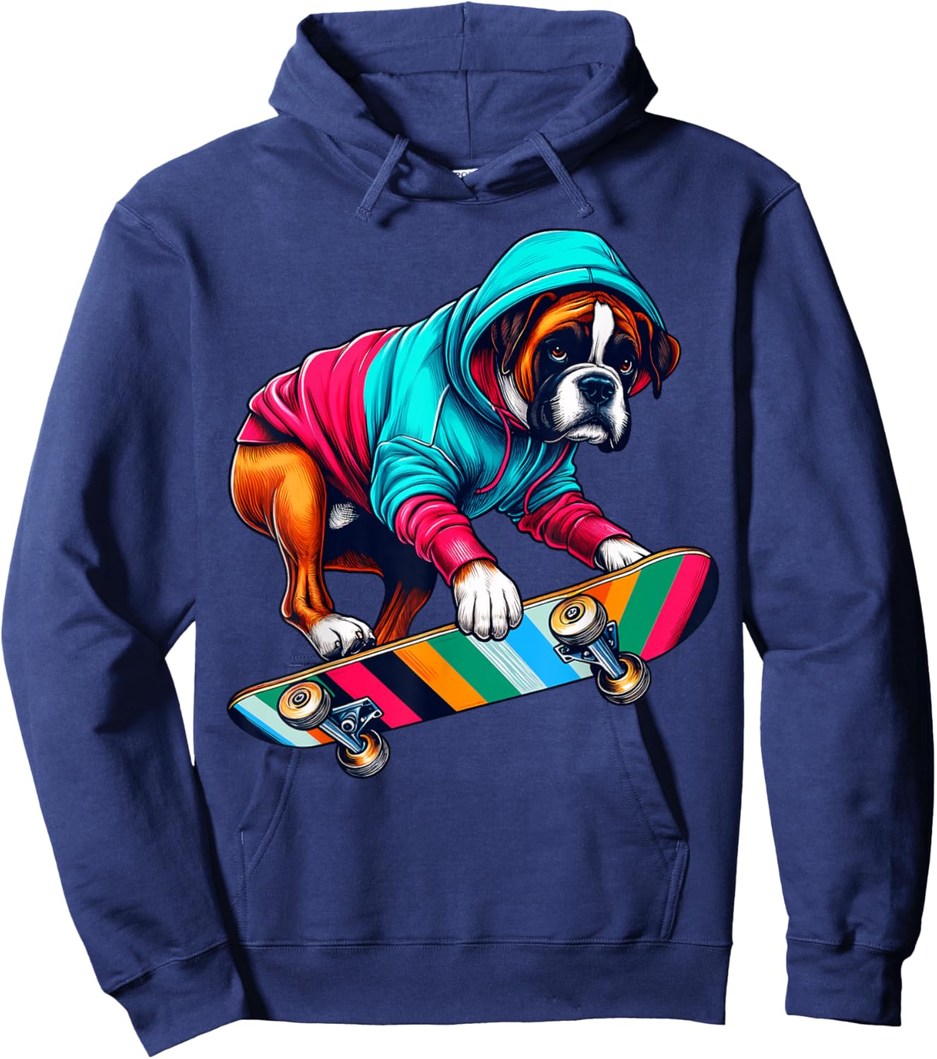 Cool Boxer Dog Skateboarding Illustration Art Hoodie - Hoodie | Navy
