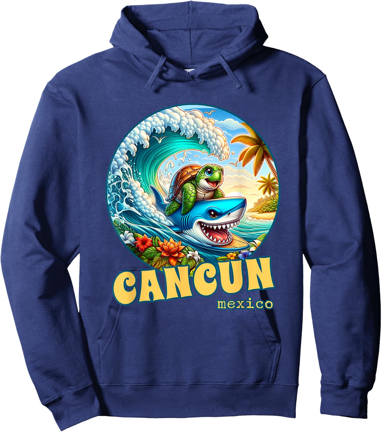 Cancun Mexico Surfing Sea Turtle and Shark Hoodie - Hoodie | Navy