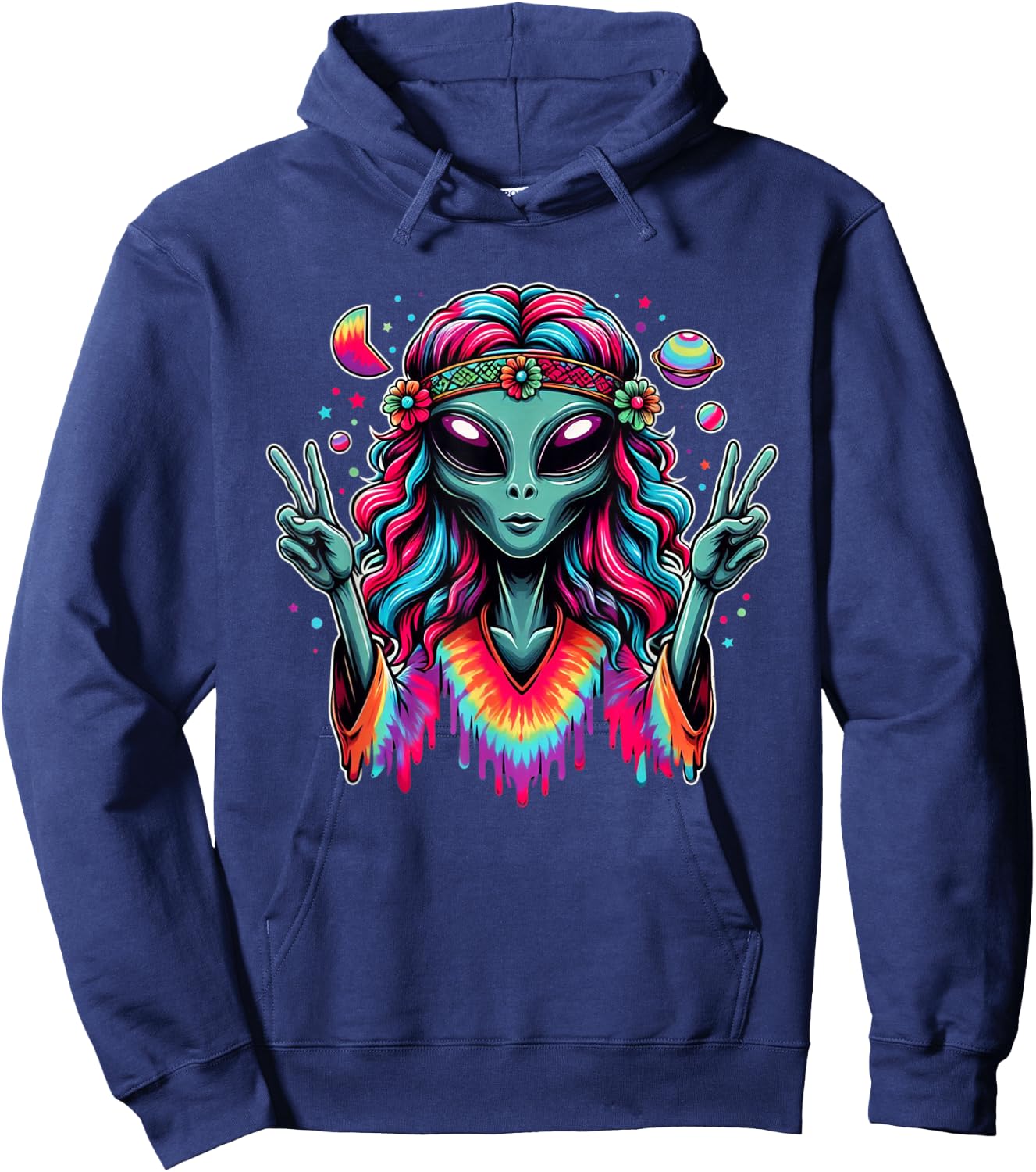 Tie Dye Alien Peace Sign Funny Boho Hippie Hoodie - Hoodie | Navy
