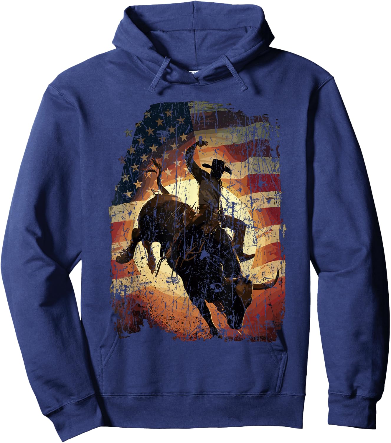 Rodeo Rider Bull Patriotic Cowboy USA Flag Hoodie - Hoodie | Navy