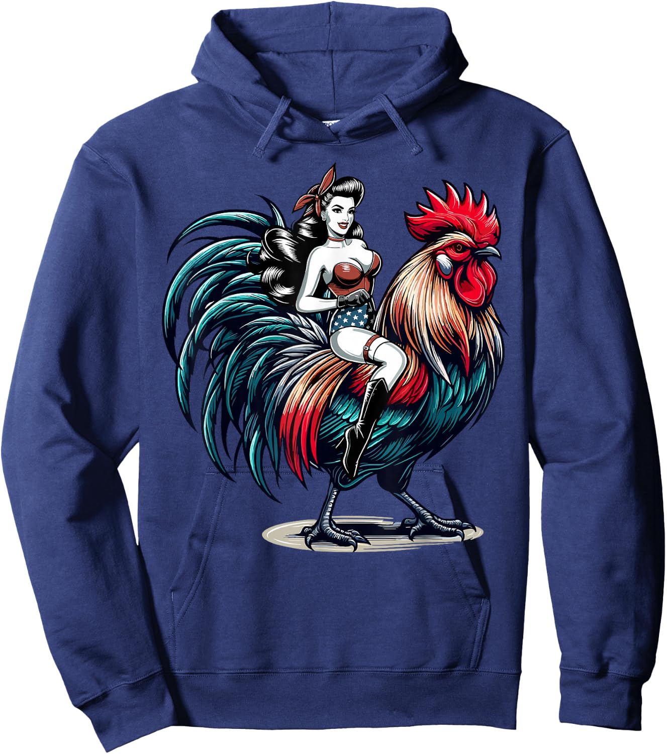 Pin-Up Girl Riding Rooster Vintage Patriotic Hoodie - Hoodie | Navy