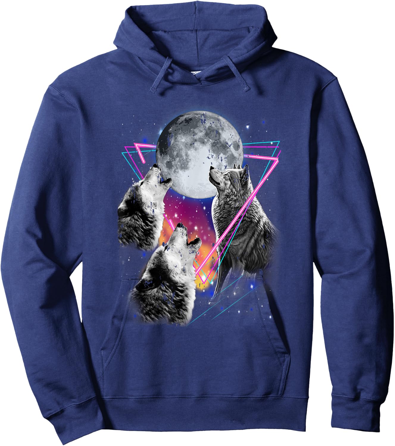 Epic 3 Wolves Howling At Moon 80s Style Wolf Hoodie - Hoodie | Navy