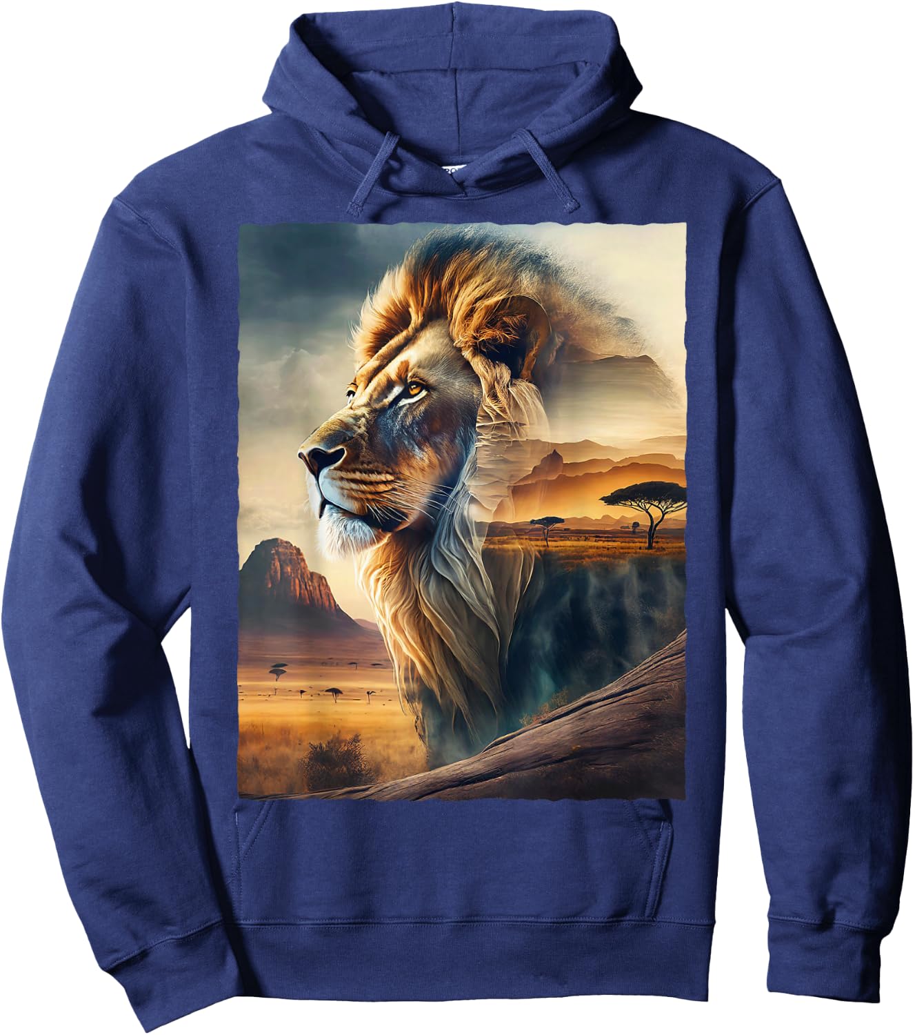 Lion and African Landscape Hoodie - Hoodie | Navy