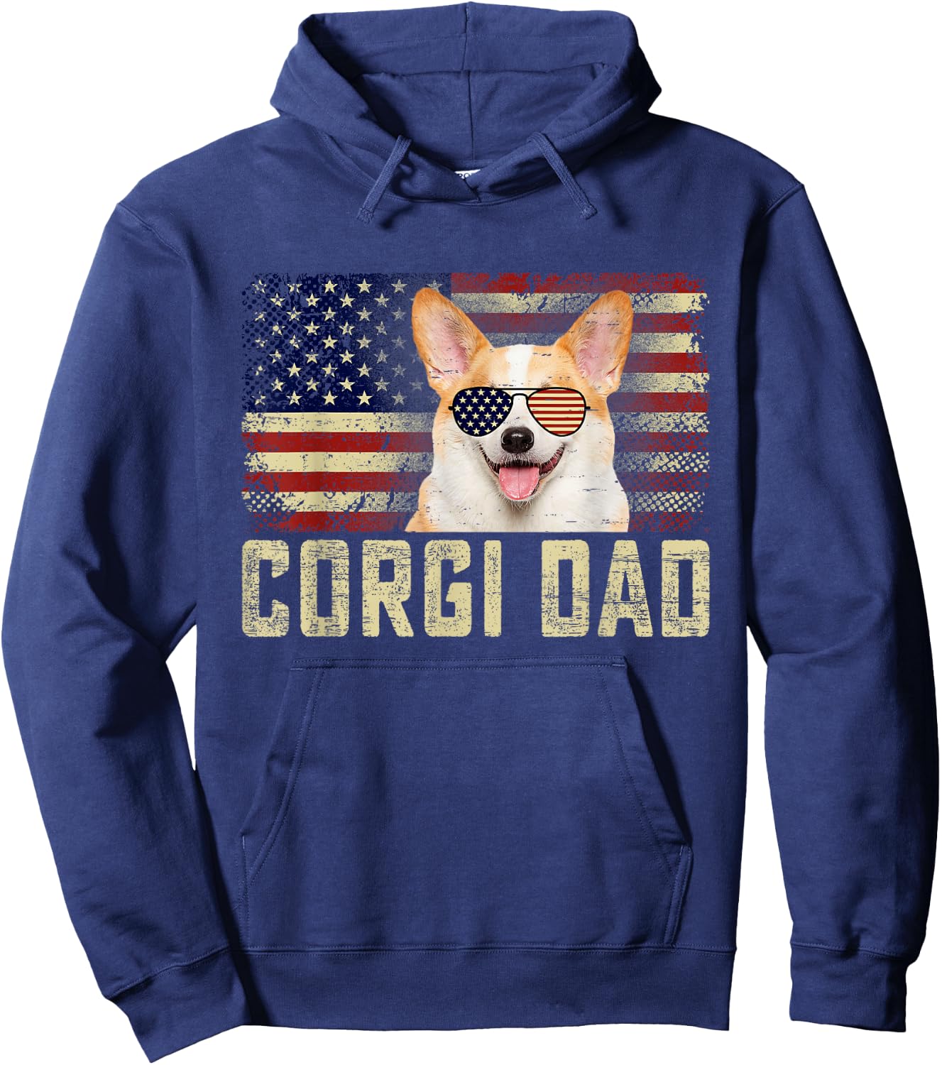 Classic Retro USA Flag Corgi Dad Fathers Day Hoodie - Hoodie | Navy