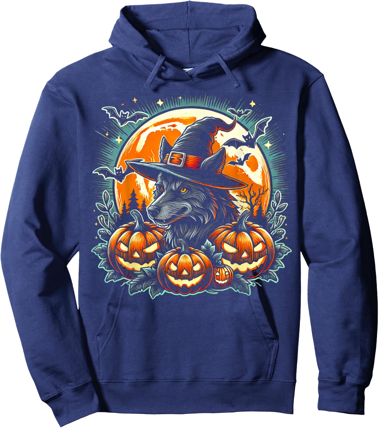 Wolf Witch Halloween - Spooky Pumpkin Art Hoodie - Hoodie | Navy