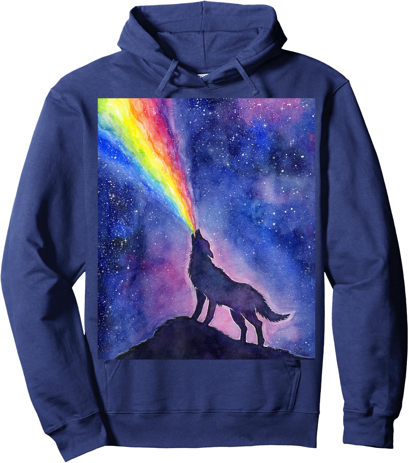 Wolf Howling Rainbow in Space Hoodie - Hoodie | Navy