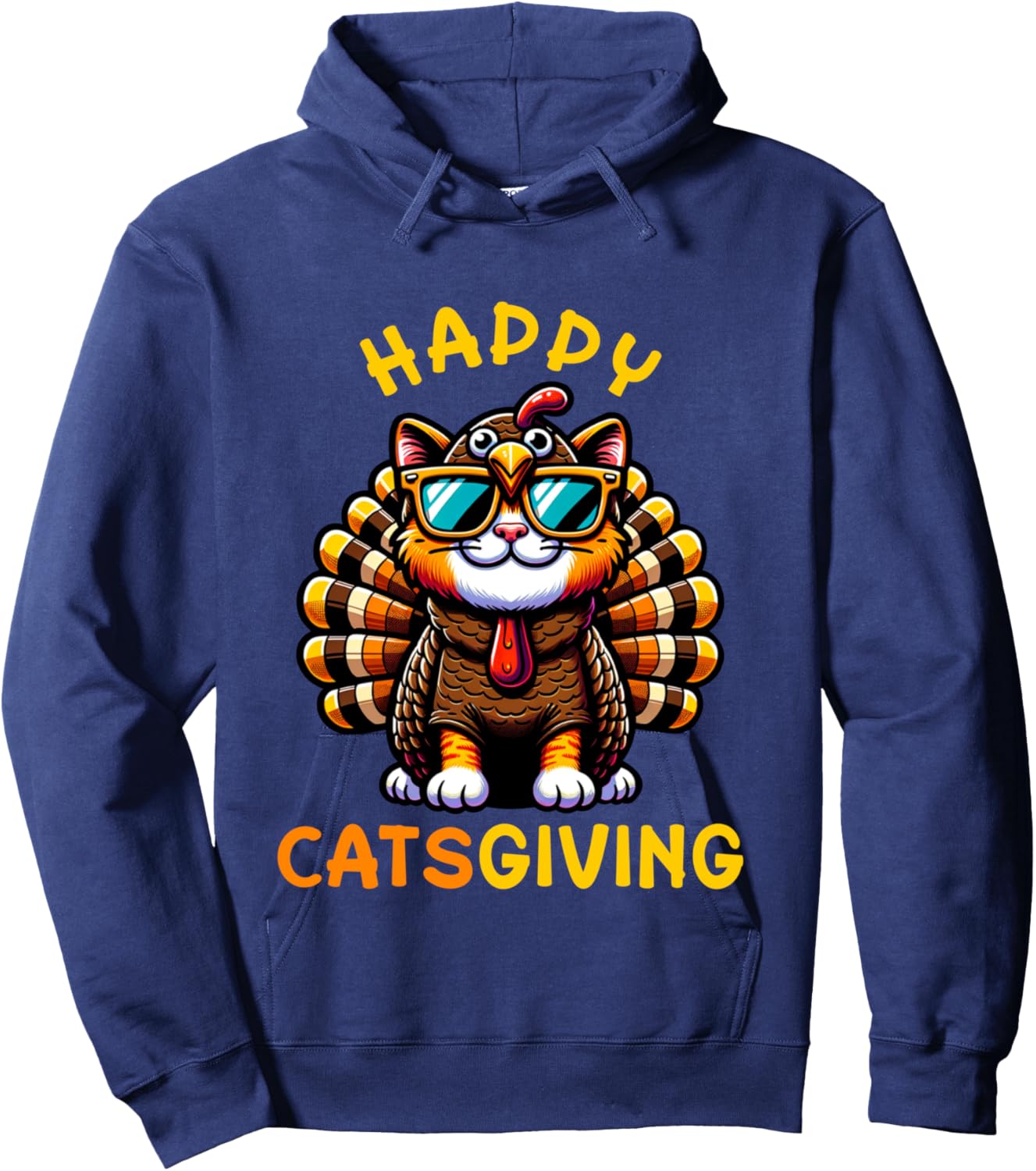Happy Catsgiving Thanksgiving Funny Turkey Cat Hoodie - Hoodie | Navy