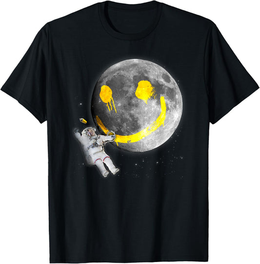 "Happy Face Moon Graffiti" Astronaut Space Nerd T-Shirt - T-Shirt | Black