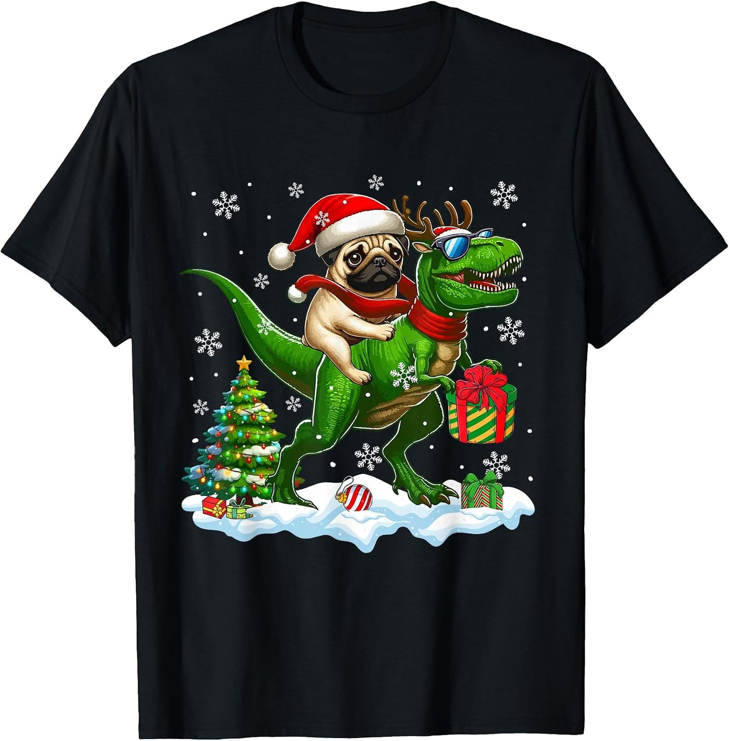 Santa Pug Riding Reindeer T-rex Christmas Kids Toddler
