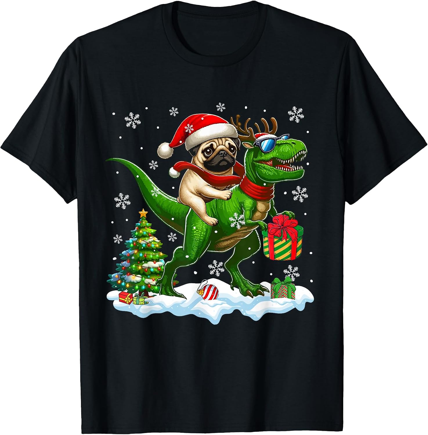Santa Pug Riding Reindeer T-rex Christmas Kids Toddler