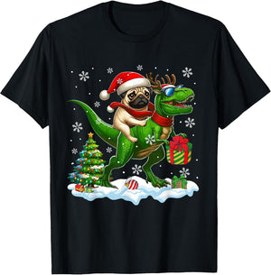 Santa Pug Riding Reindeer T-rex Christmas Kids Toddler