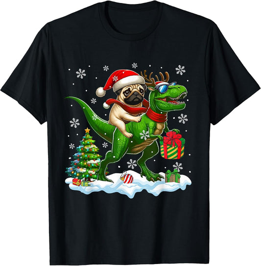 Santa Pug Riding Reindeer T-rex Christmas Kids Toddler