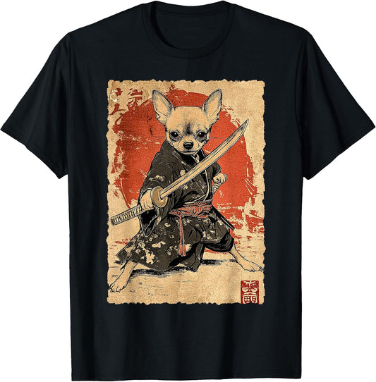 Vintage Japanese Art Chihuahua Ninja Samurai Warrior Katana