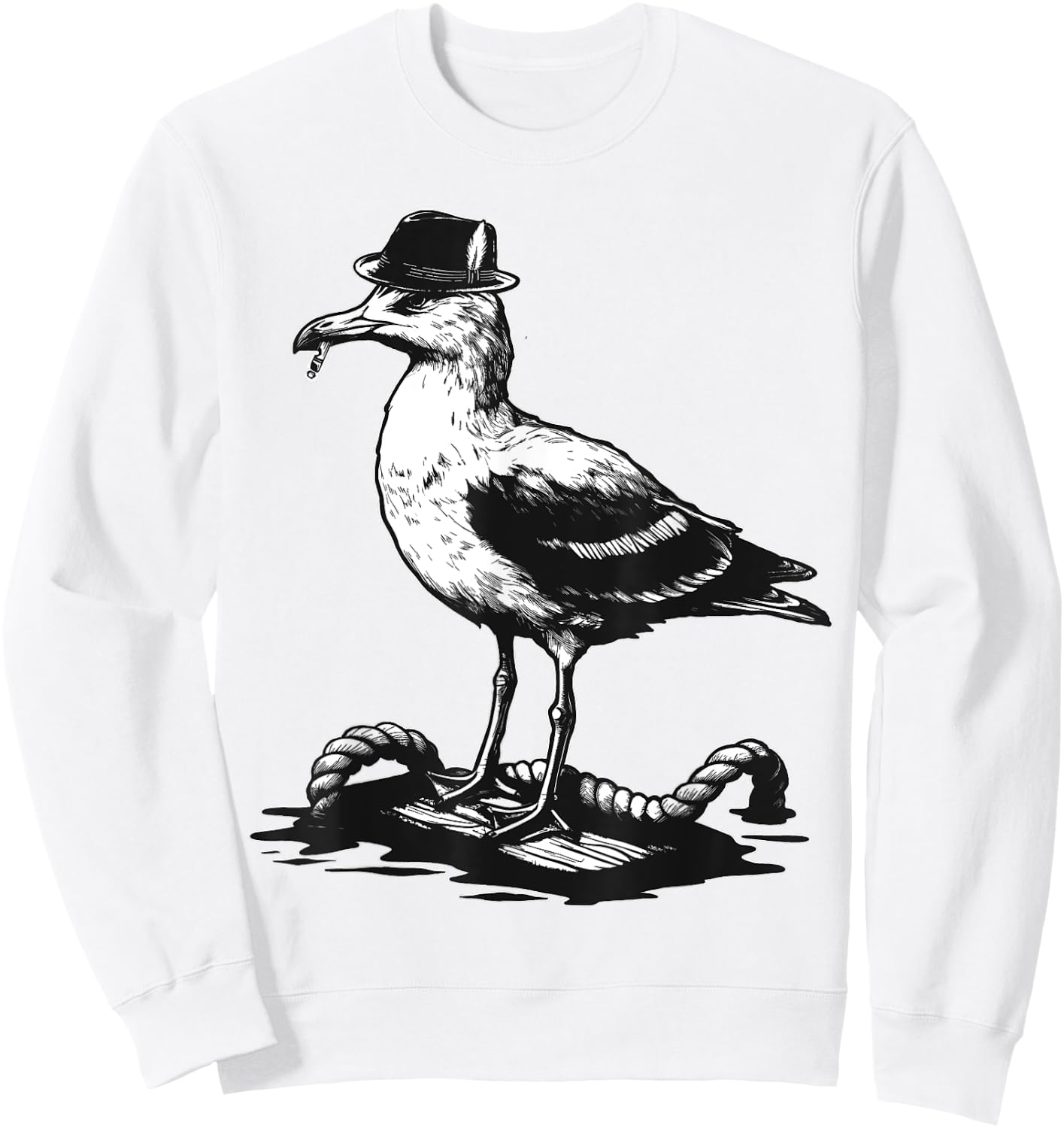 Vintage Seagull Bird Smoking Hat Rope Nautical Design Sweatshirt - Sweatshirt | White