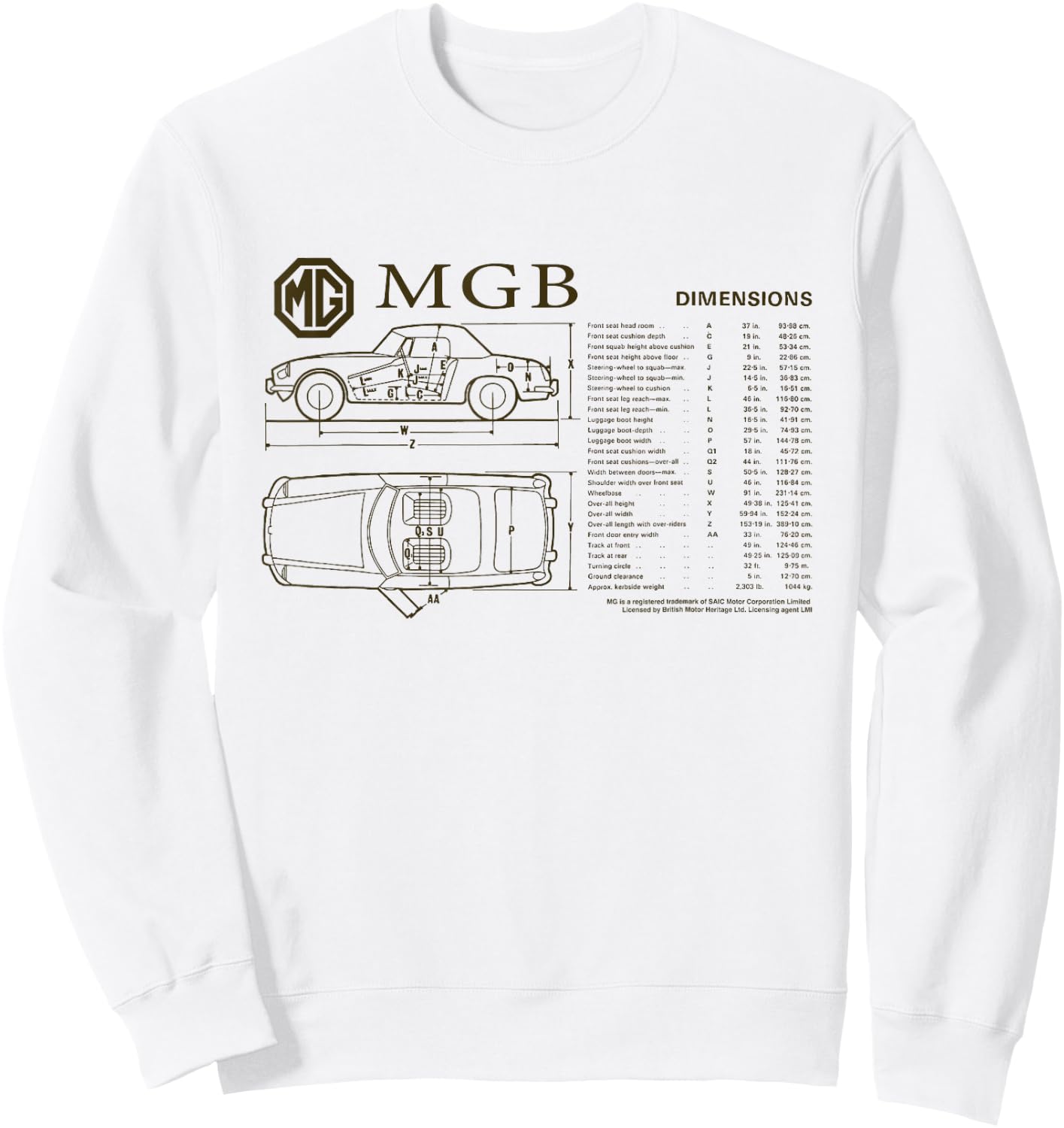 British Motor Heritage MG MGB Car Dimensions Sweatshirt - Sweatshirt | White