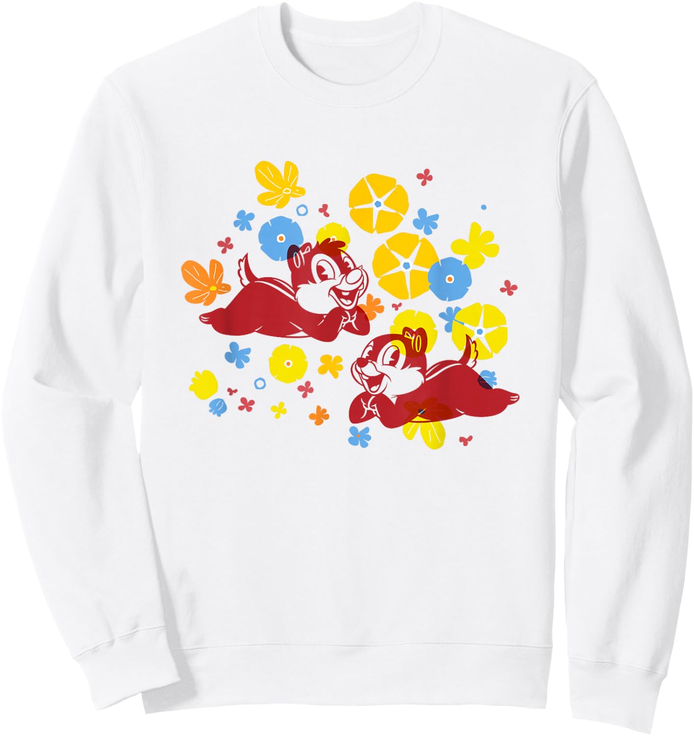 Disney Mickey and Friends Cute Chip & Dale Chest Floral Logo Sweatshirt - Sweatshirt | White