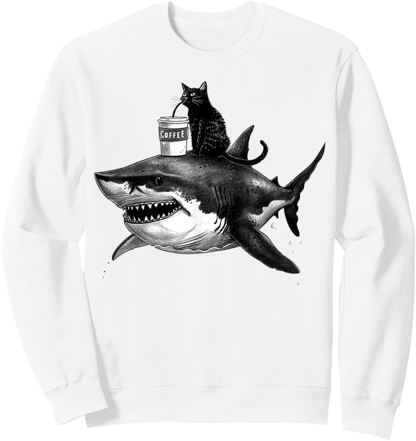 Funny Shark and Cat Art - Black Cat Riding Shark Women Sweatshirt - Sweatshirt | White