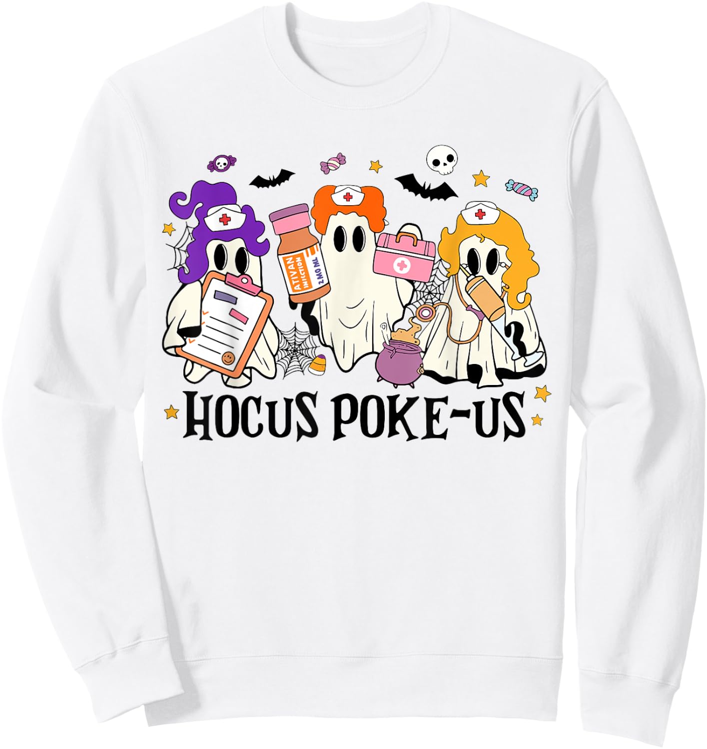 Retro Funny Hocus Poke-us Spooky Nurse Halloween Cute Ghost Sweatshirt - Sweatshirt | White