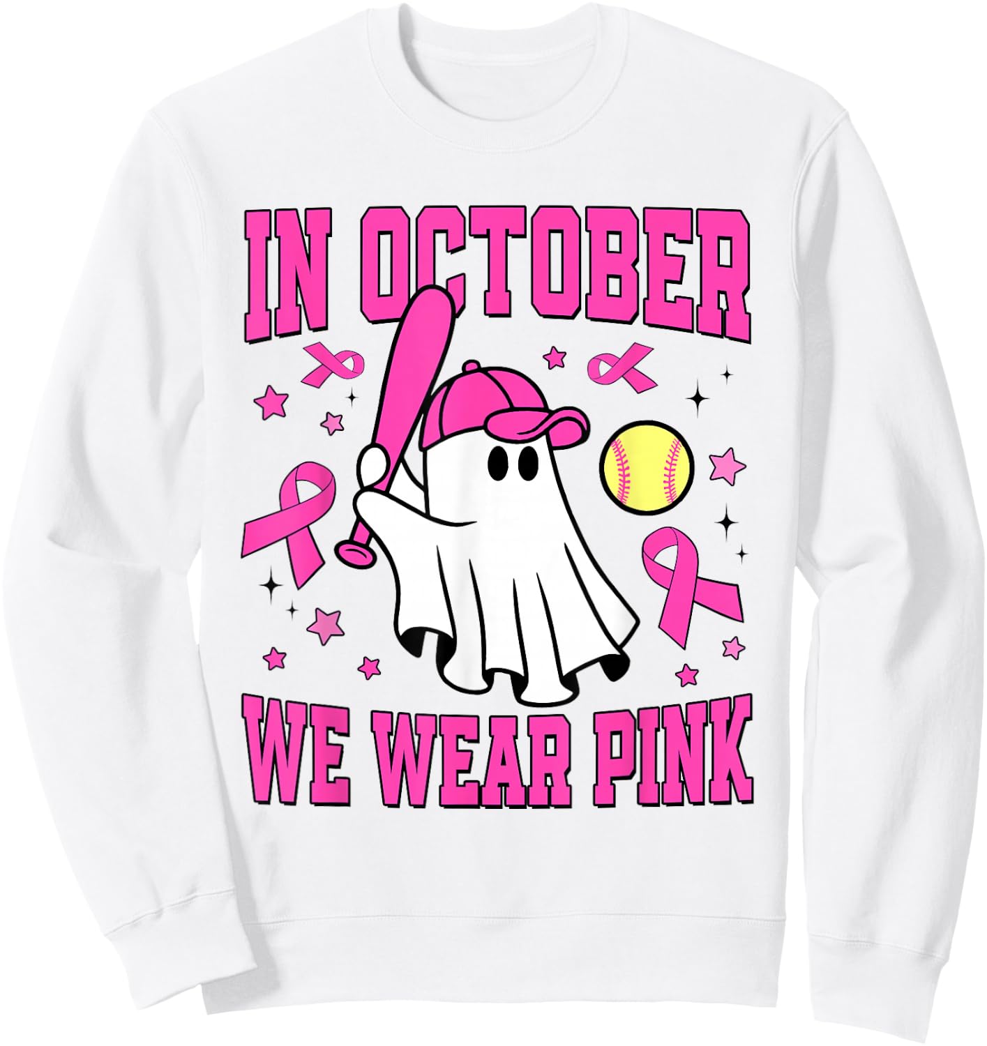 In October We Wear Pink Ghost Softball Funny Breast Cancer Sweatshirt - Sweatshirt | White