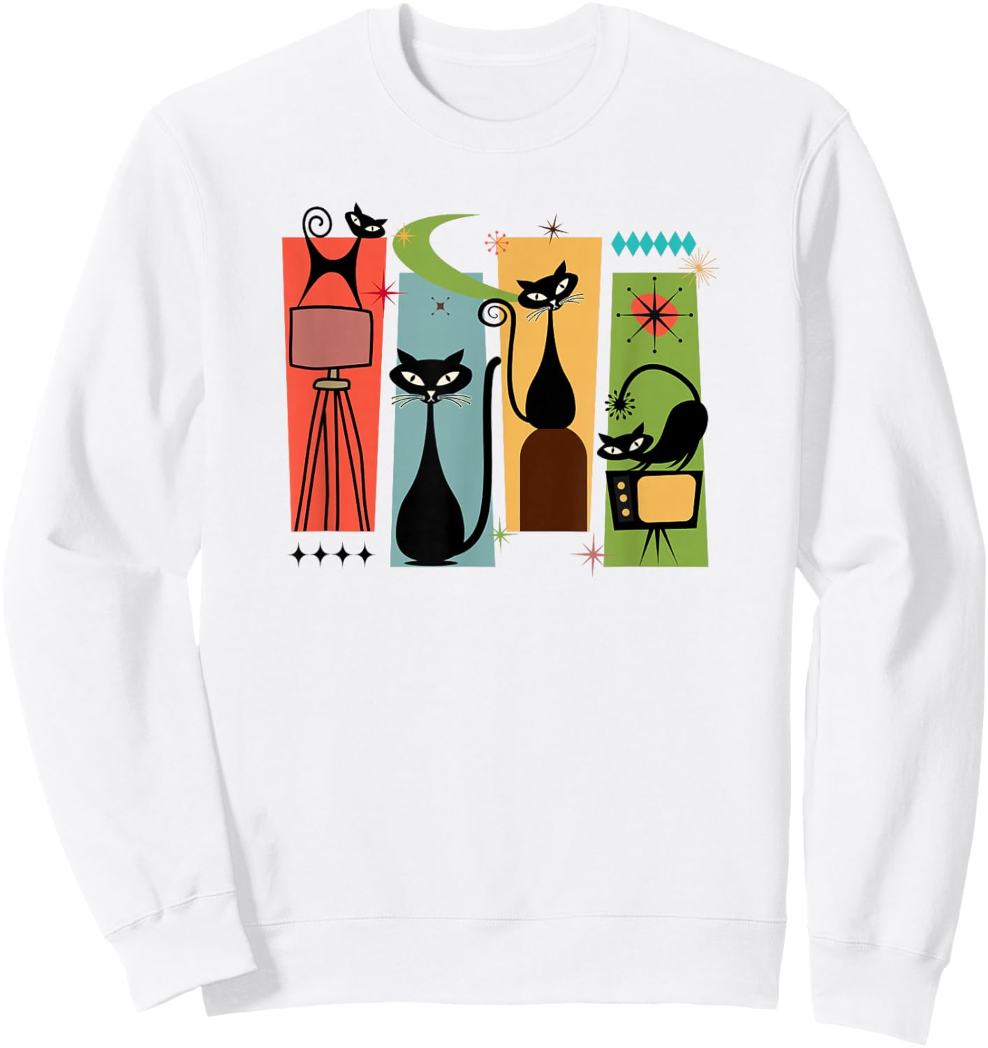 Mid Century Modern Look Cats 50s 60s Atomic Age Space Retro Sweatshirt - Sweatshirt | White