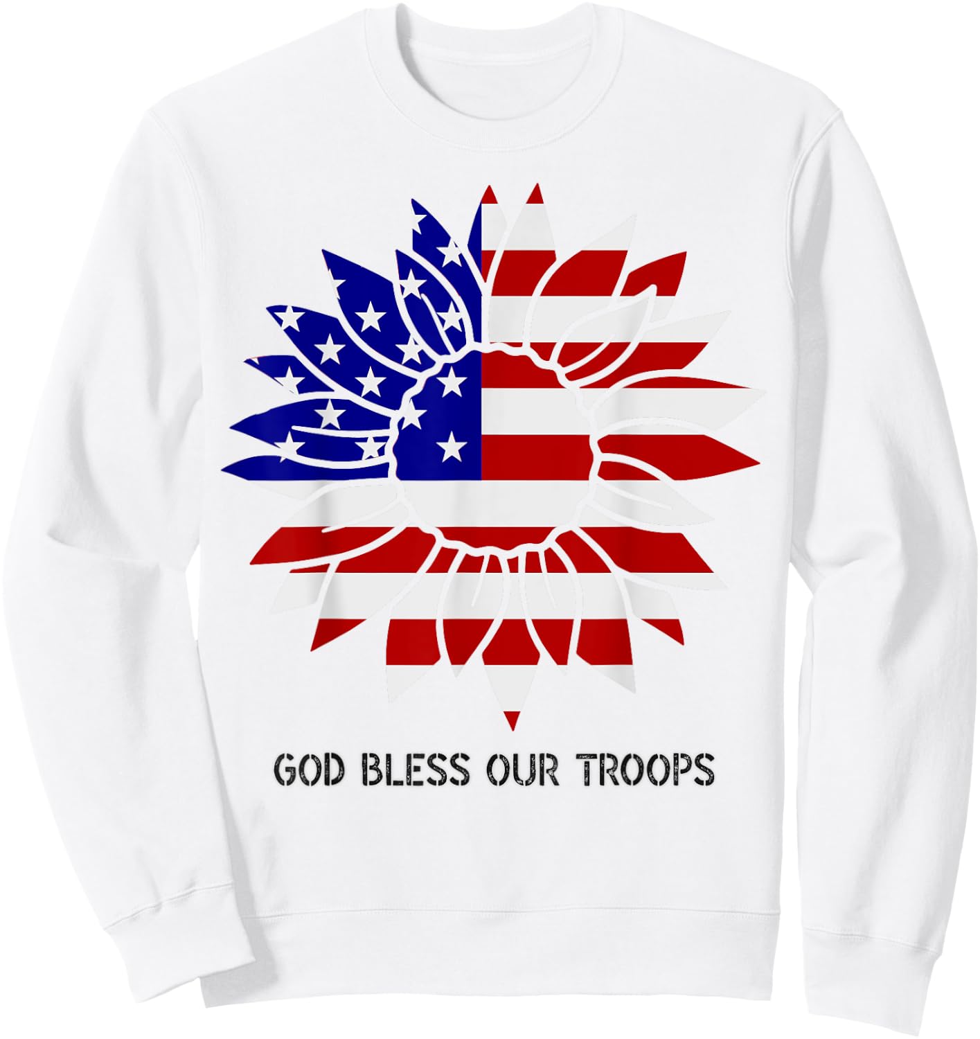 Patriotic US Flag Sunflower God Bless Our Troops Kids Men Sweatshirt - Sweatshirt | White