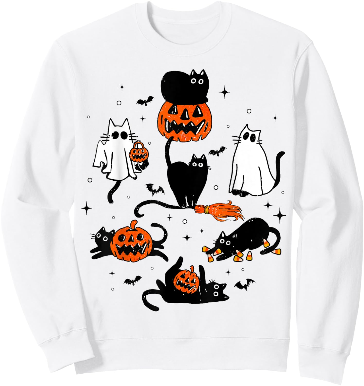 Cute Ghost Black Cat Playing Pumpkin Halloween Costume Men Women Kids Sweatshirt - Sweatshirt | White