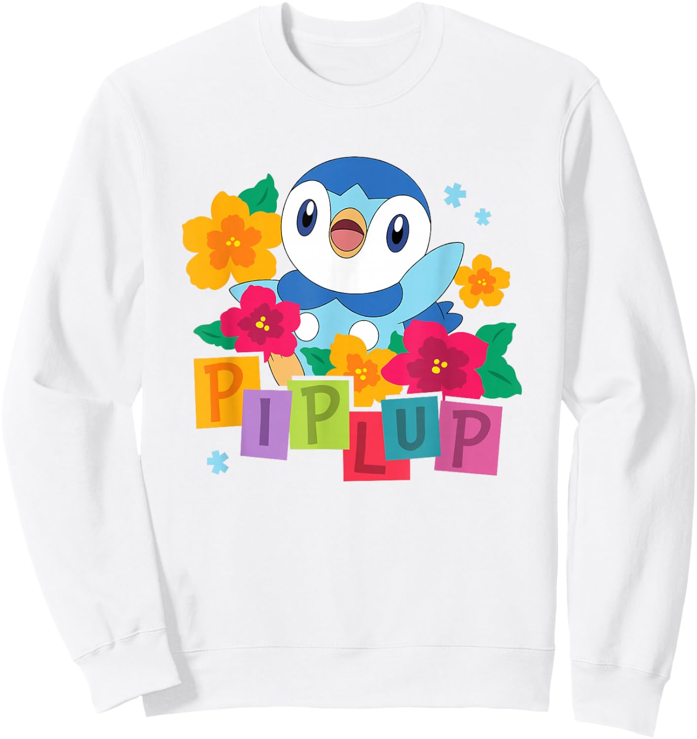 Pokémon Cute Happy Piplup Big Chest Colorful Floral Poster Sweatshirt - Sweatshirt | White