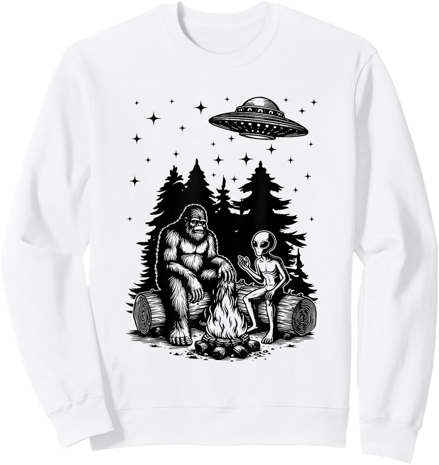 Alien And Bigfoot Campfire Sasquatch UFO For Outdoor Lovers Sweatshirt - Sweatshirt | White
