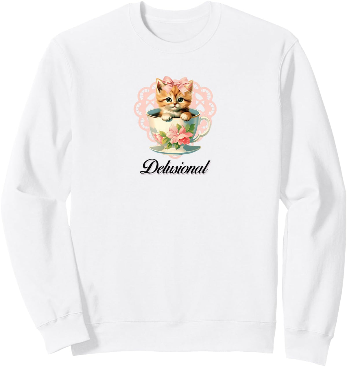 Delusional Coquette Cat Kitten Pink Bow Ribbon Y2K Aesthetic Sweatshirt - Sweatshirt | White