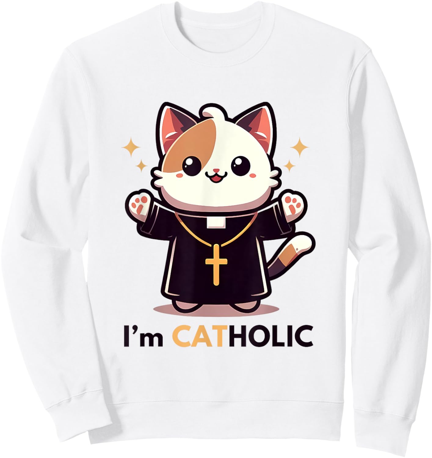 Cat-holic. Funny Catholic. Cute Priest Cat with Cross Men Women Girls Kids Sweatshirt - Sweatshirt | White