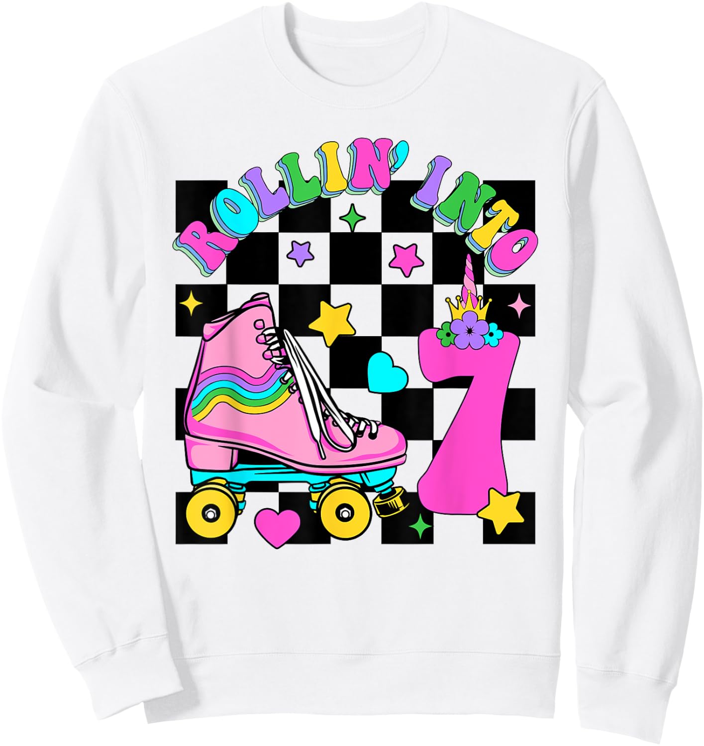 Rolling Into 7 Years Old Skater 7th Birthday Kids Girls Sweatshirt - Sweatshirt | White