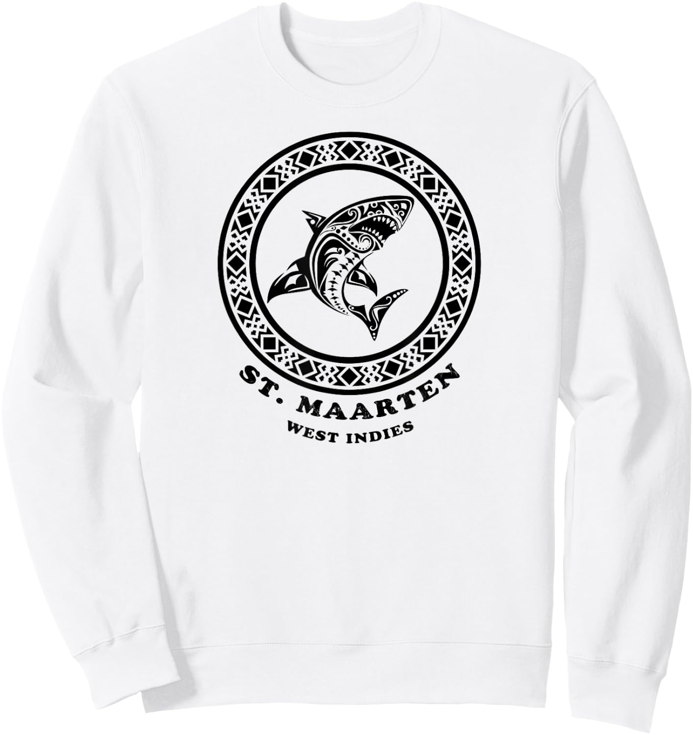 St. Maarten, West Indies Vintage Retro Tribal Shark Vacation Sweatshirt - Sweatshirt | White