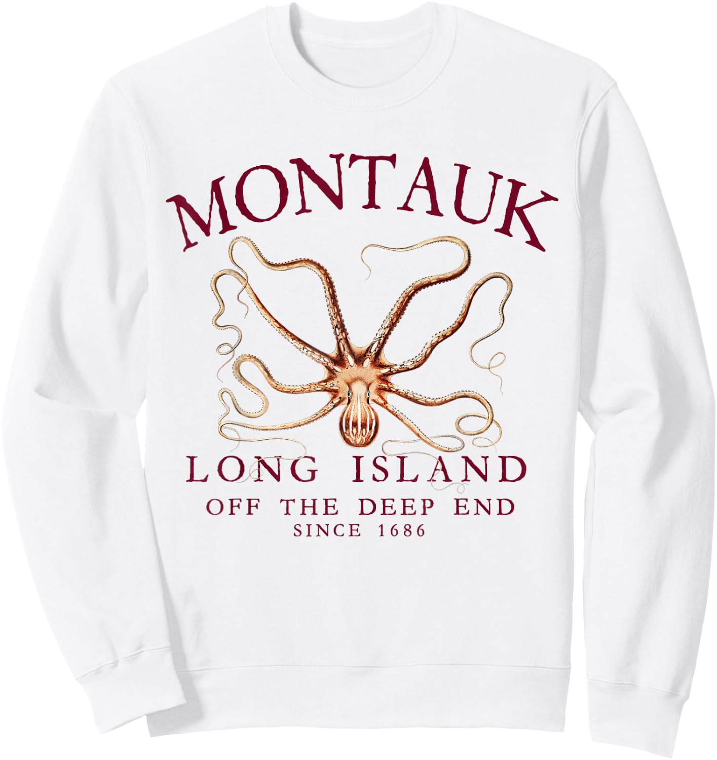 Montauk LI Off The Deep End Kraken Octopus Fishing Burgundy Sweatshirt - Sweatshirt | White