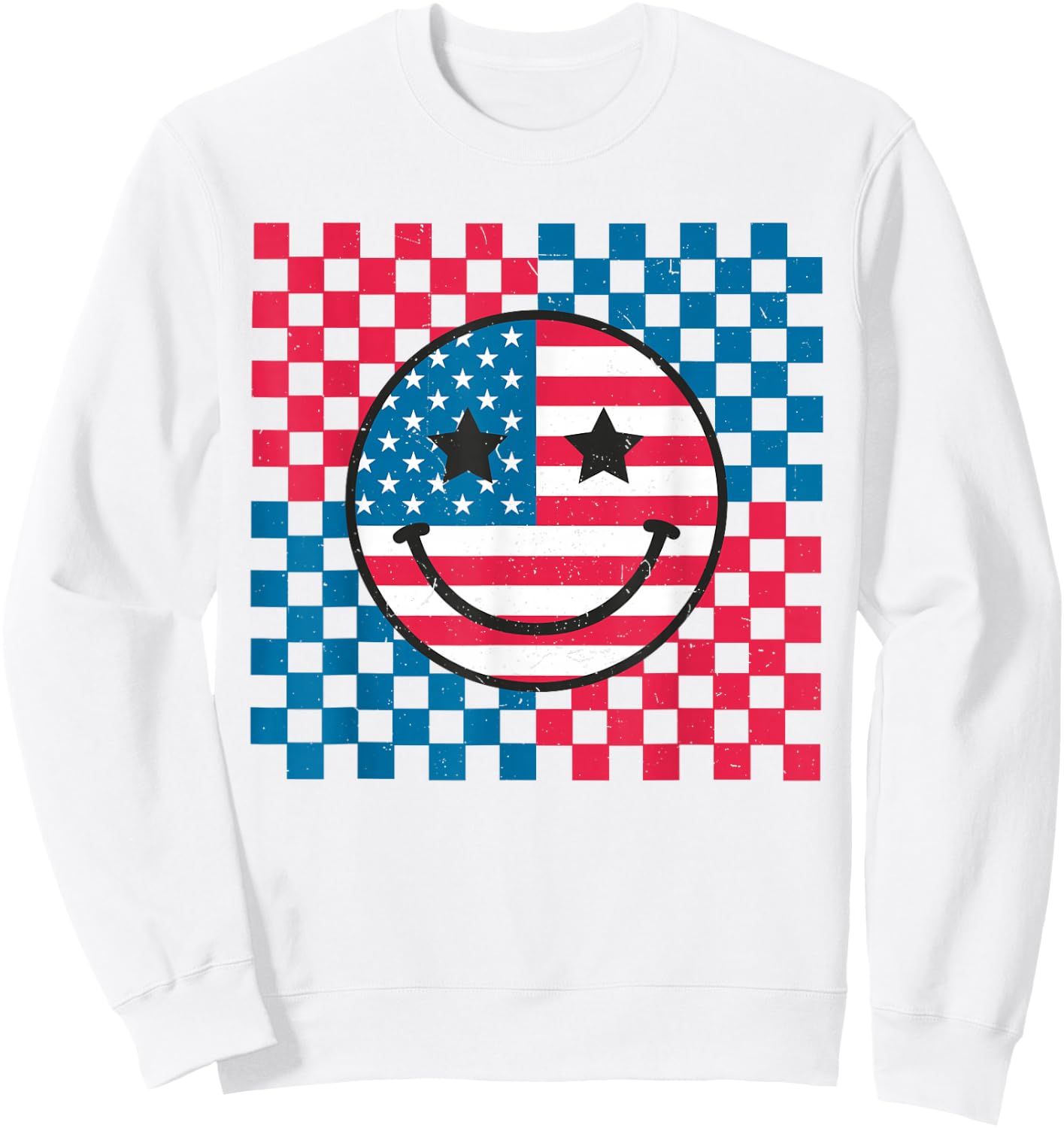 USA Checkerboard 4th Of July Happy Face American Girls Kids Men Sweatshirt - Sweatshirt | White