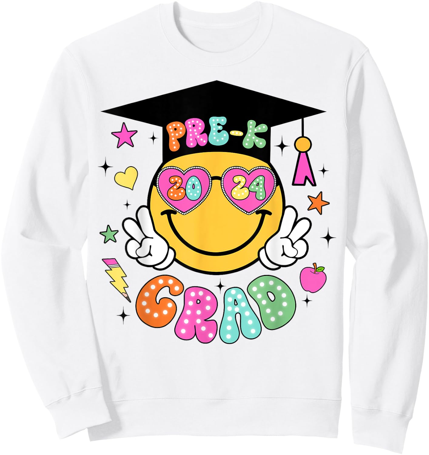 Groovy Pre-K Graduate Happy Face Graduation 2024 Grad Sweatshirt - Sweatshirt | White