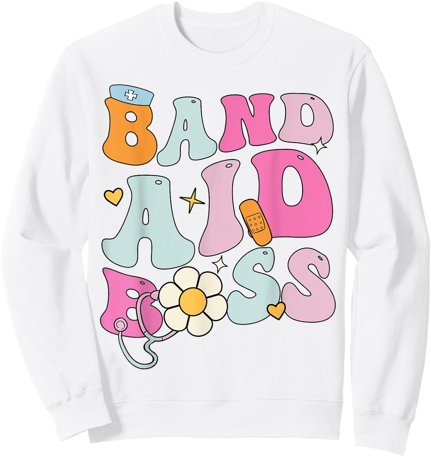 Groovy Band Aid Boss, Cute Back To School Nurse Sweatshirt - Sweatshirt | White