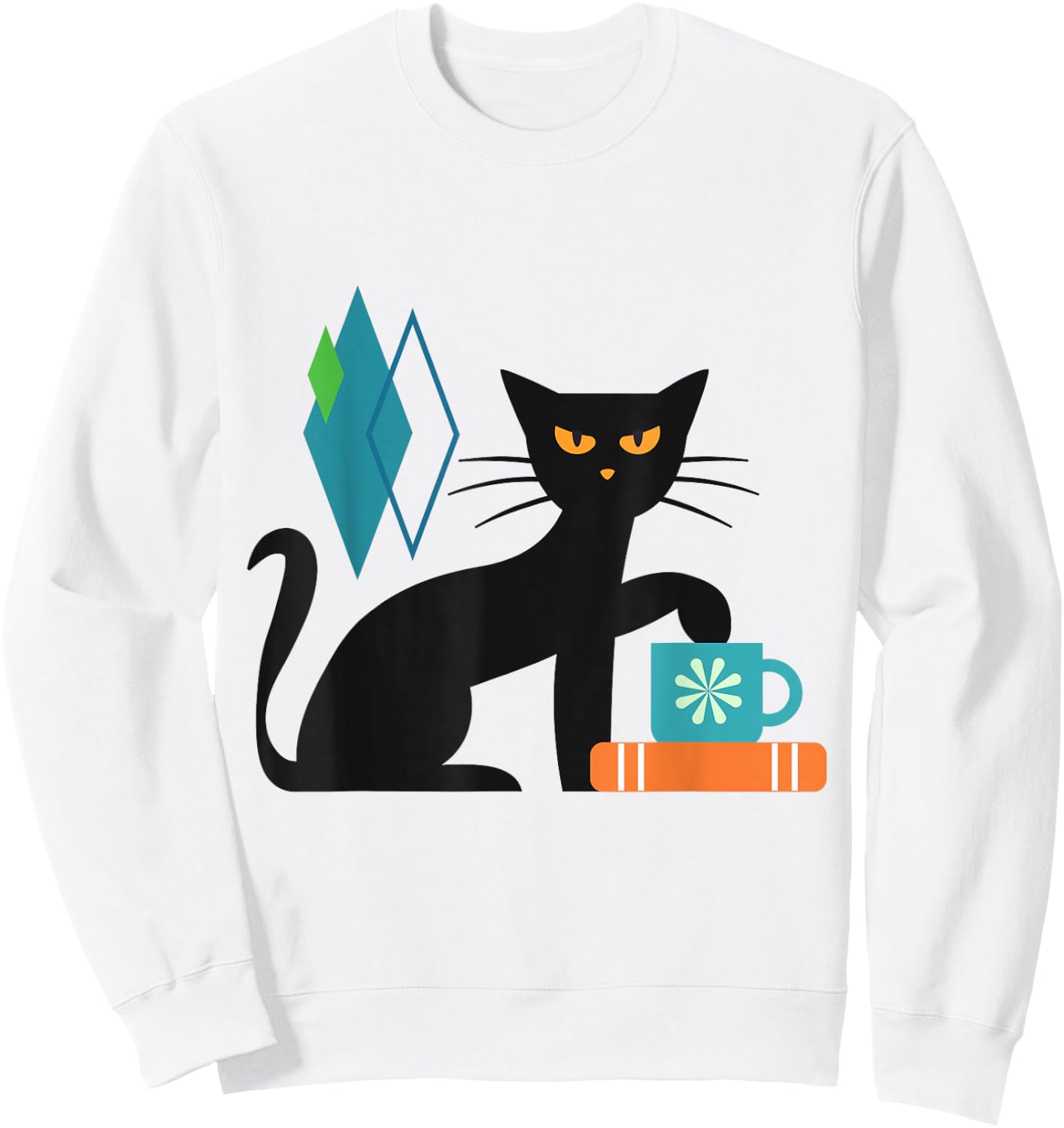 Cat Midcentury With Book and Coffee Atomic Age Mid Century Sweatshirt - Sweatshirt | White