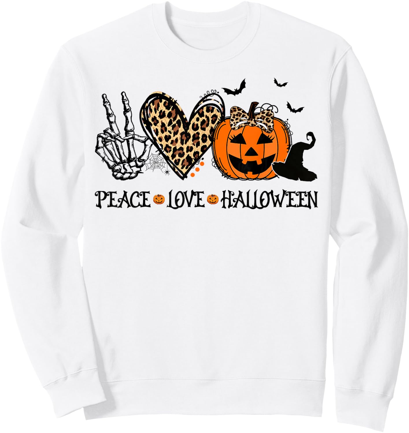 Peace Love Halloween Happy Halloween Pumpkin Leopard Heart Sweatshirt - Sweatshirt | White