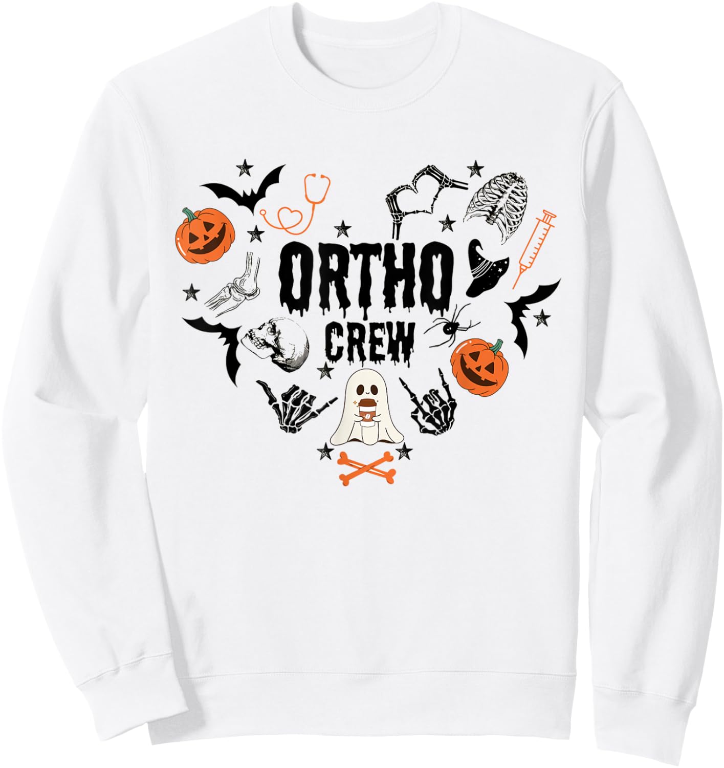 Ortho Crew Halloween Pumpkin Orthopedic Nurse Skeleton Hand Sweatshirt - Sweatshirt | White