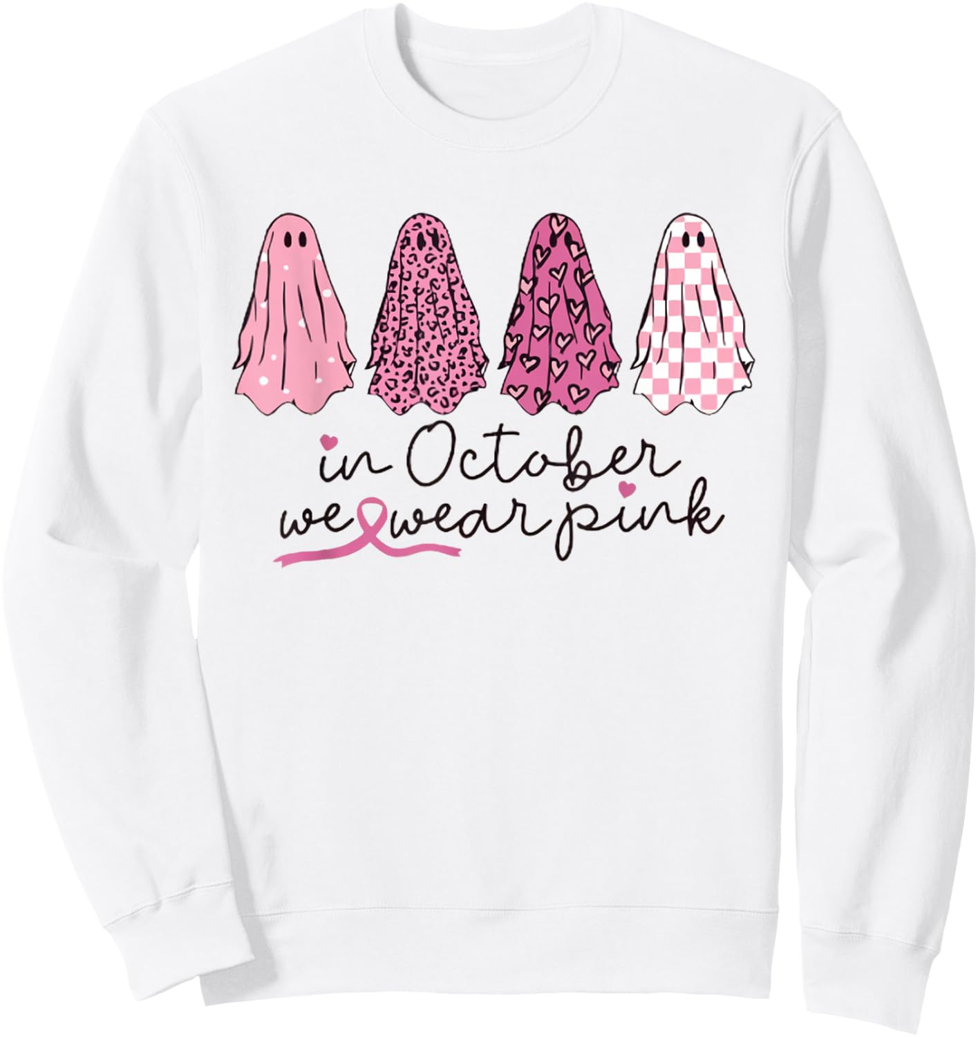 Women In October We Wear Pink Wizard Ghosts Breast Cancer Sweatshirt - Sweatshirt | White