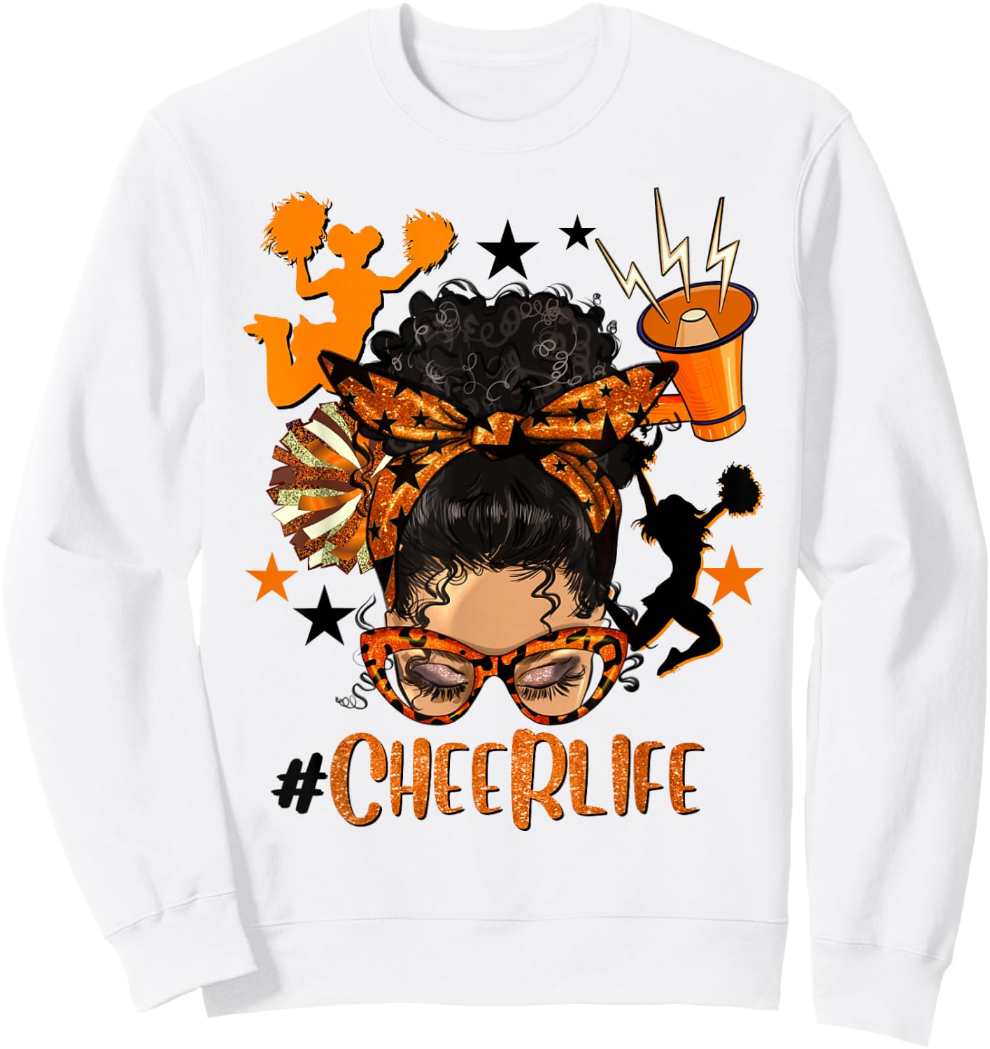 Cheer Life Messy Bun Brunette Orange Black Cheerleading Team Sweatshirt - Sweatshirt | White