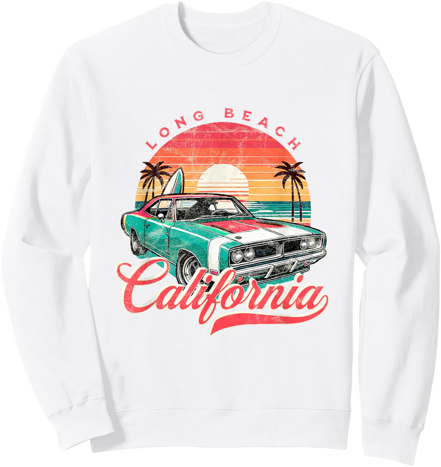 Classic Muscle Car Retro Long Beach California Surfer Sun Sweatshirt - Sweatshirt | White