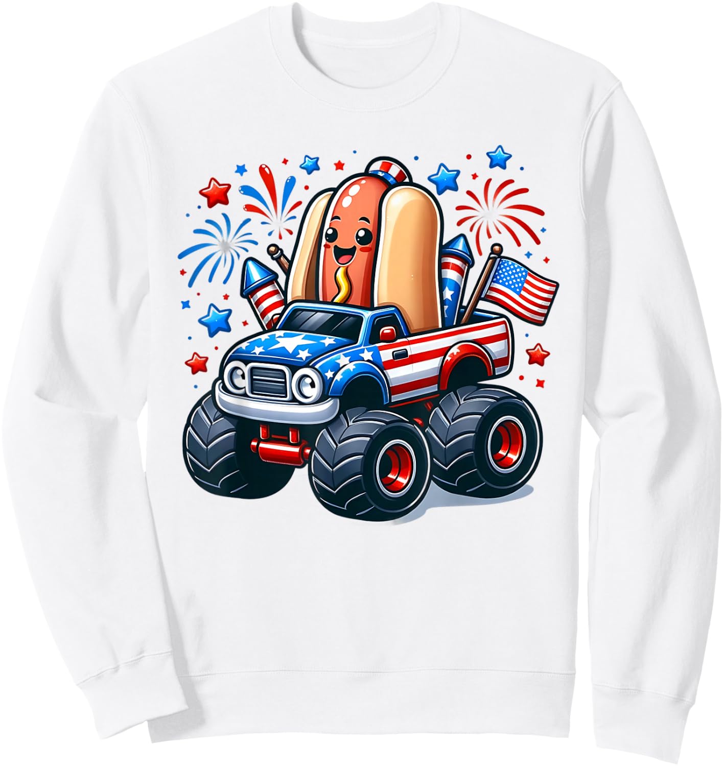 4th of July Shirts Boys Kids Hot Dog Red White Blue USA Flag Sweatshirt - Sweatshirt | White