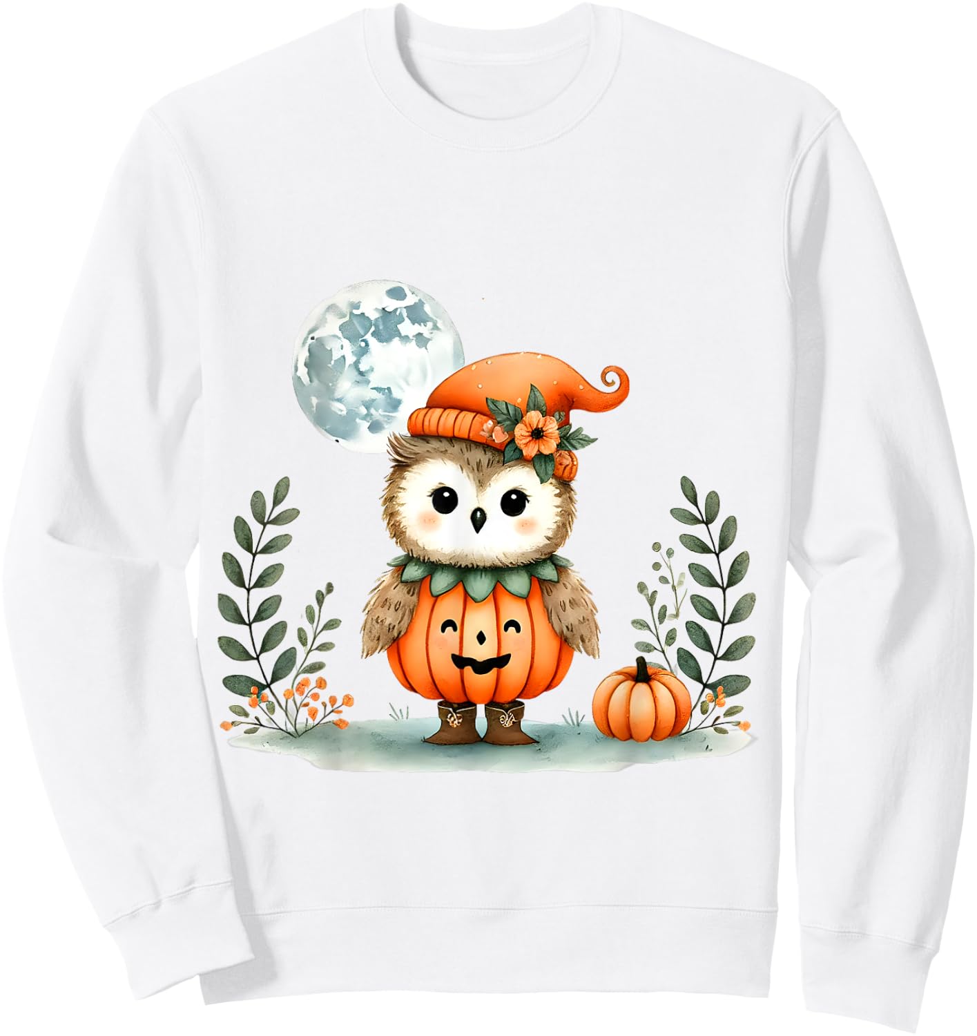 Halloween Owl With Pumpkin Costume Full Moon Sweatshirt - Sweatshirt | White