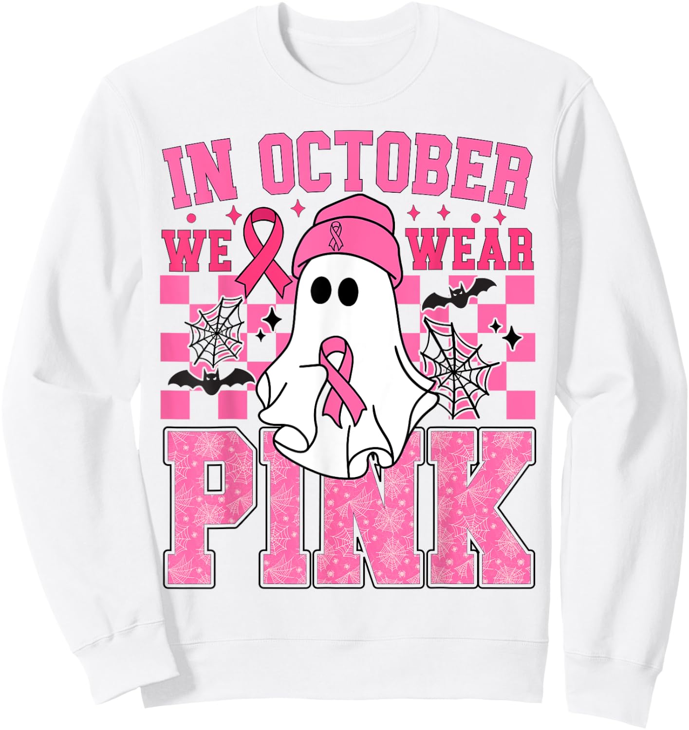 In October We Wear Pink Breast Cancer Awareness Halloween Sweatshirt - Sweatshirt | White