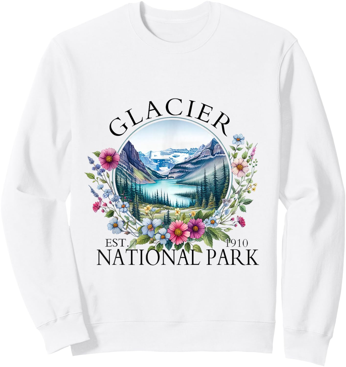Retro Floral Glacier National Park Hiking Camping Outdoor Sweatshirt - Sweatshirt | White