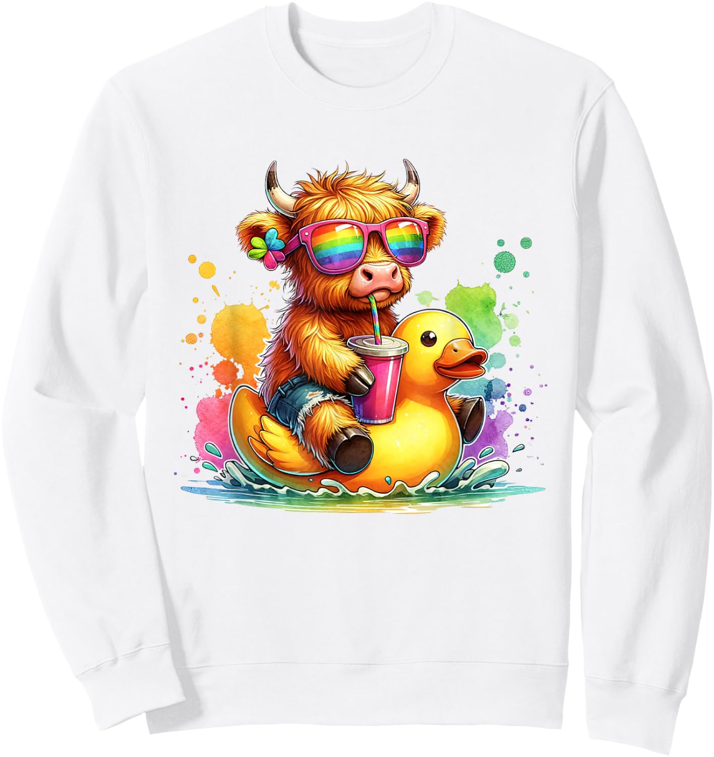 Cute Highland Cow Duck Pool Float Summer Vibes Swimming Sweatshirt - Sweatshirt | White
