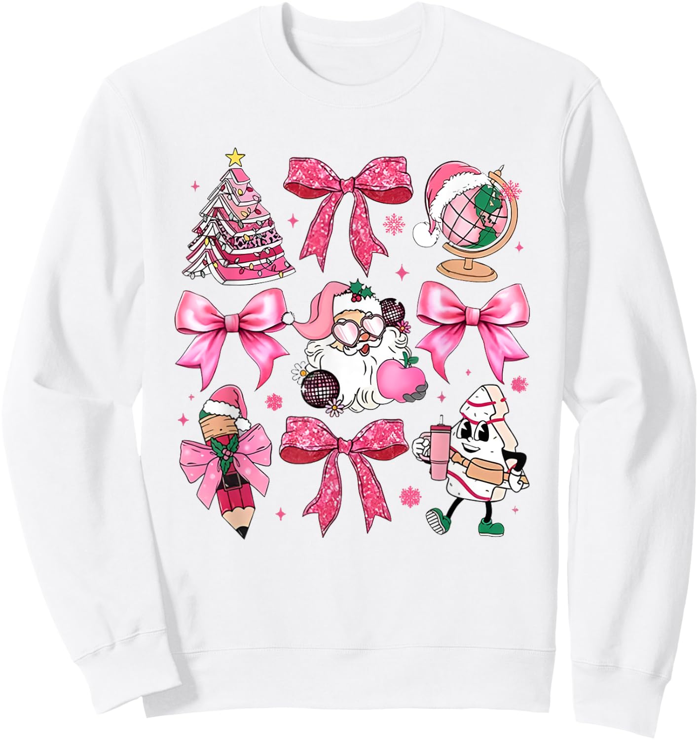 Women Pink Santa Teacher Christmas Coquette Bow Pencil Santa Sweatshirt - Sweatshirt | White