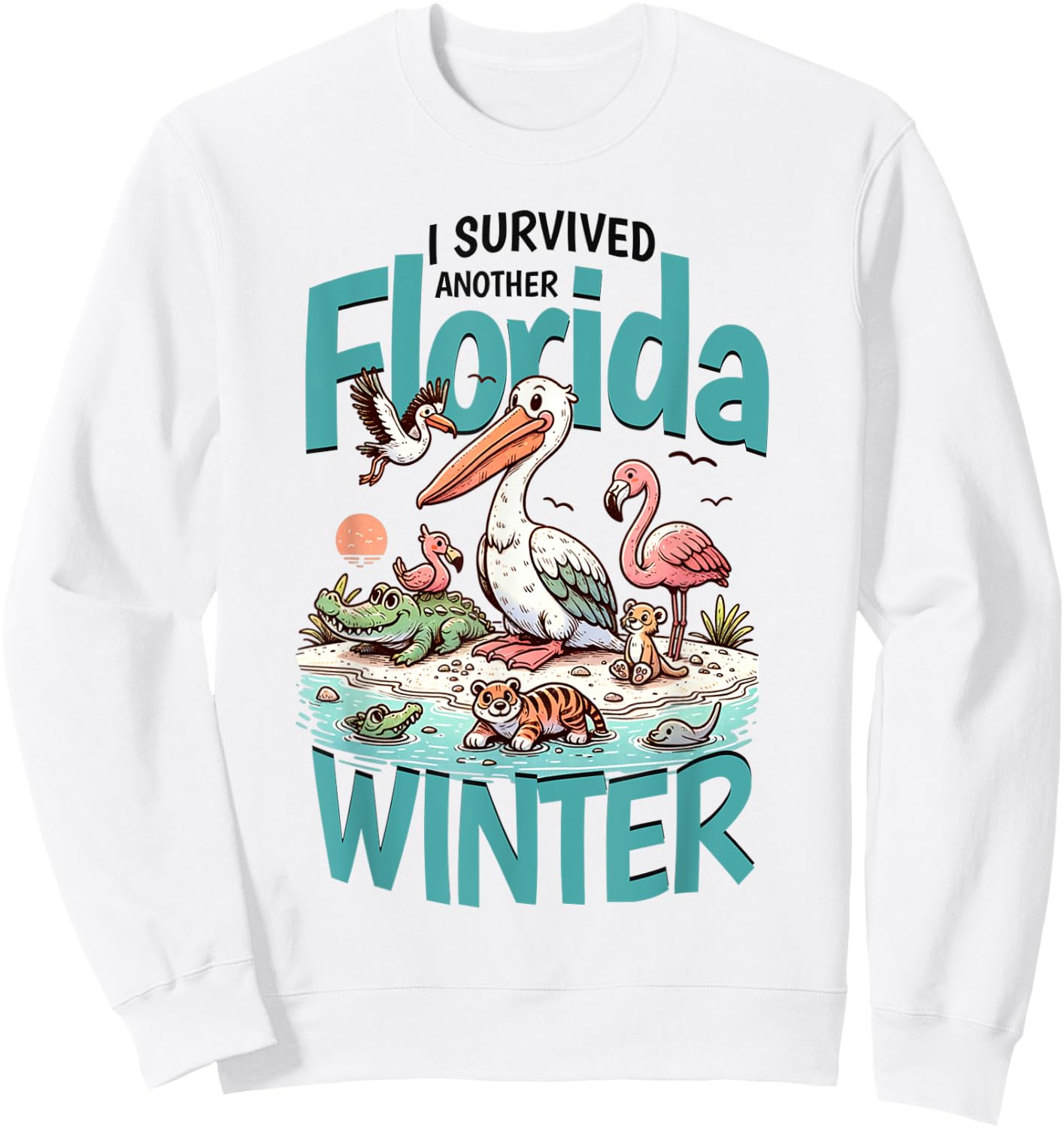 Florida Snowbirds Pelican Flamingo Alligator Manatee Graphic Sweatshirt - Sweatshirt | White
